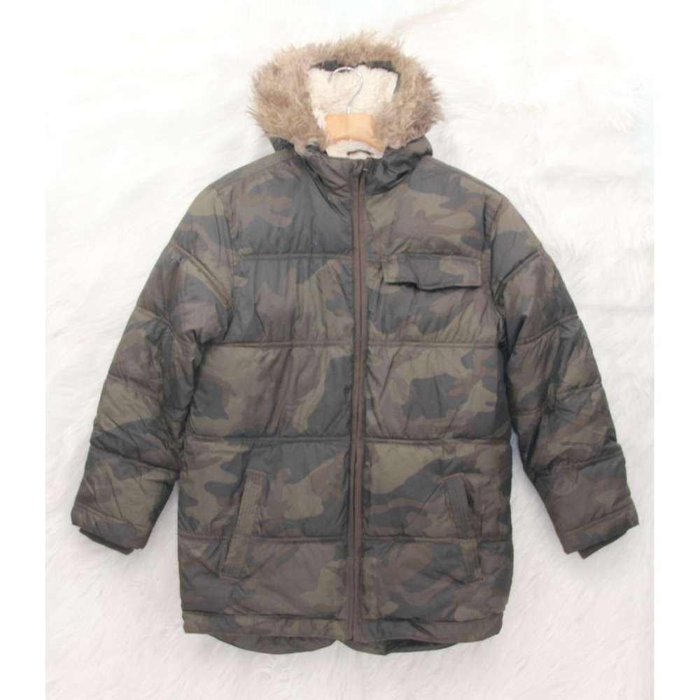 Old Navy Childrens Fur Trimmed Hooded Puffer Jacket L 10-12 Green Camo Boys Coat